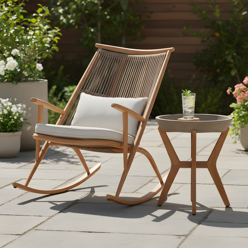 Coordinated Rocking Chair & Concrete-Acacia Side Table Set - Light Gray