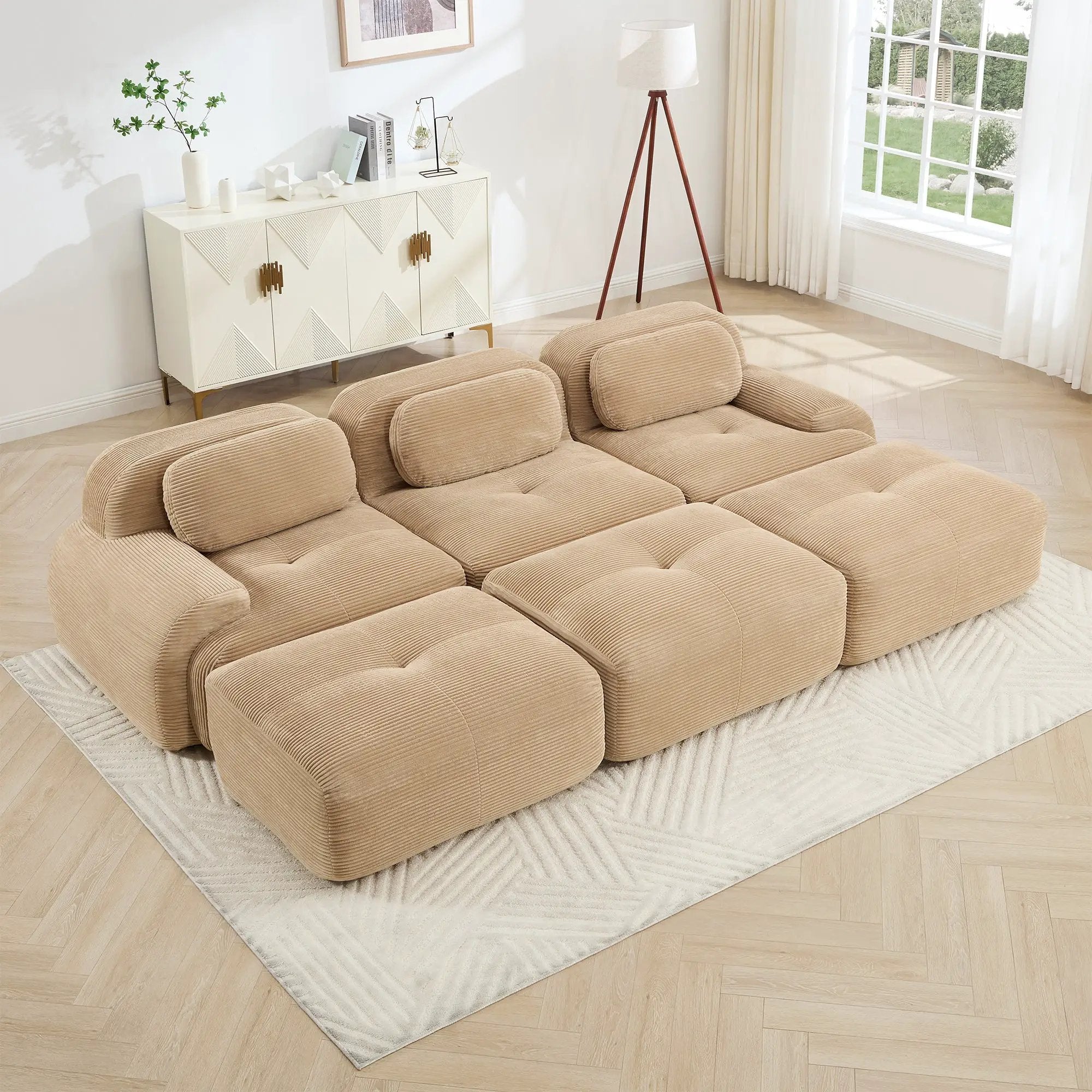 Three-Seat Modular Sofa With 3 Ottomans – Camel by HouseOfZazla