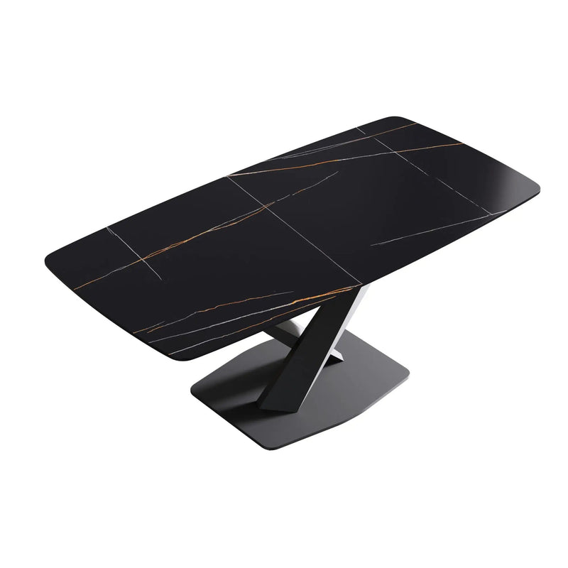 70.87" Modern Artificial Stone Black Curved Black Metal Leg Dining Table, Can Accommodate 6-8 People - Black by HouseOfZazla