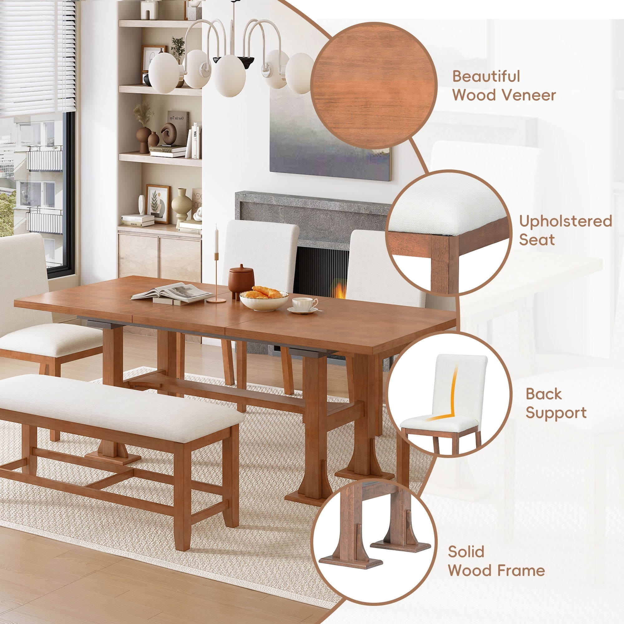 TOPMAX Farmhouse 76inch 6-Piece Extendable Dining Table Set by HouseOfZazla