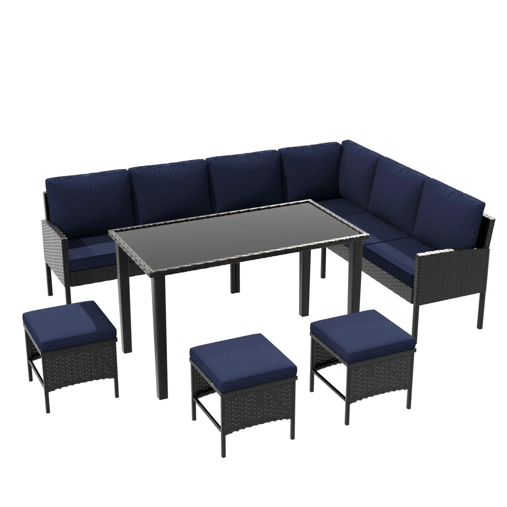 7 Piece Outdoor Furniture Set With Waterproof Cushions, Glass Table, And Space Saving Design - Blue by HouseOfZazla