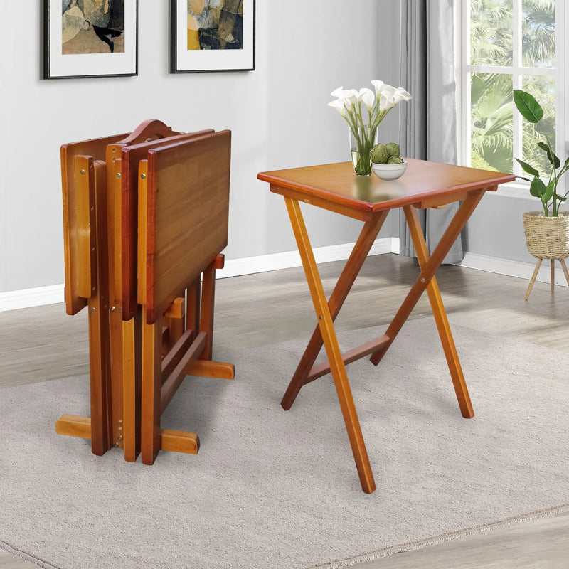 Folding Trays With Storage Rack Snack Table (Set of 4) - Honey by Unique Piece Furniture