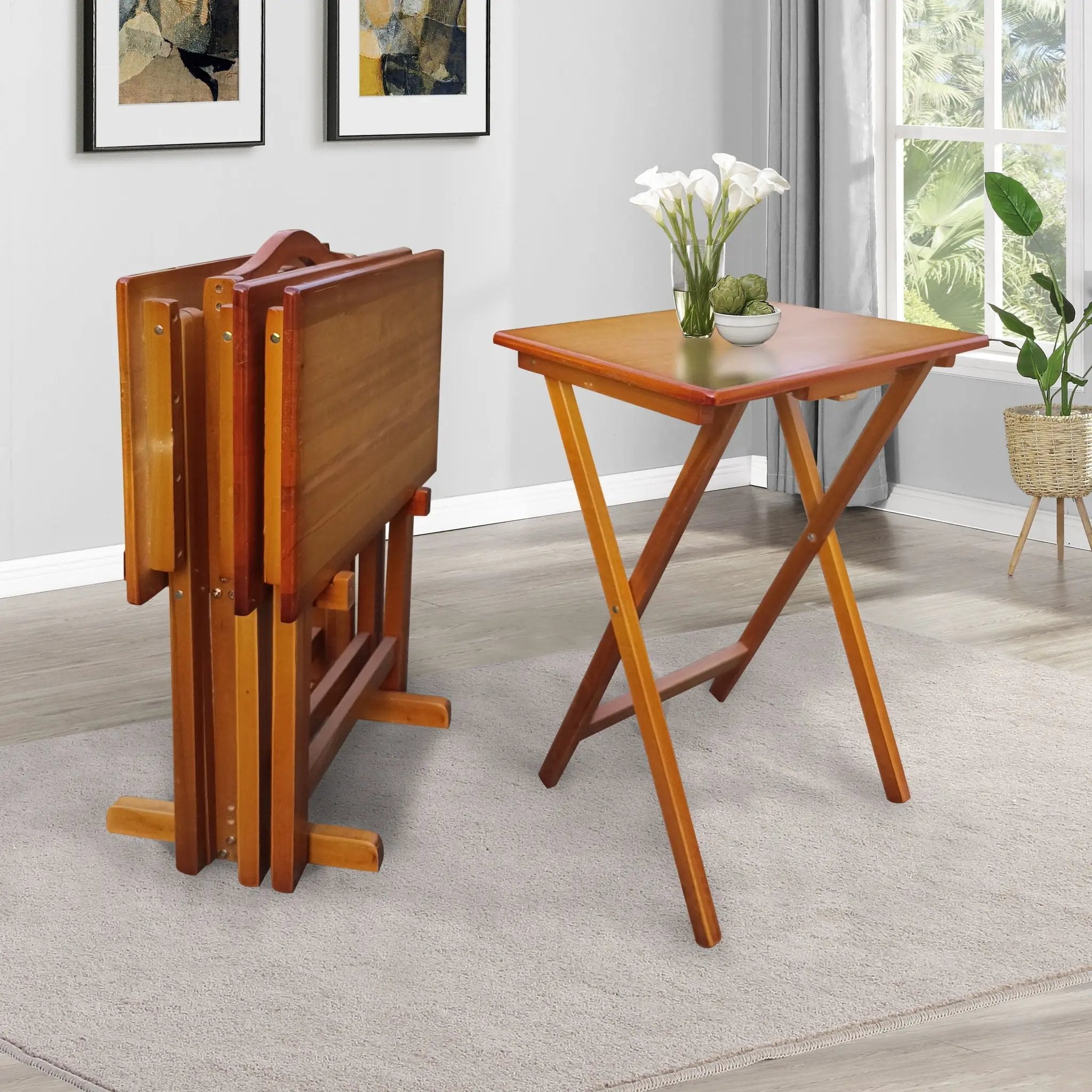 Folding Trays With Storage Rack Snack Table (Set of 4) - Honey by HouseOfZazla