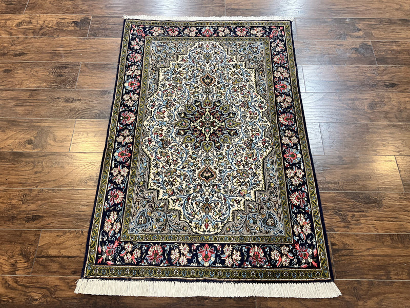 Persian Qum Rug 3x5, Wool with Silk Highlights, Handmade Semi Antique Carpet, Ivory & Navy Blue, Floral Medallion, Finely Hand Knotted by Jewel Rugs