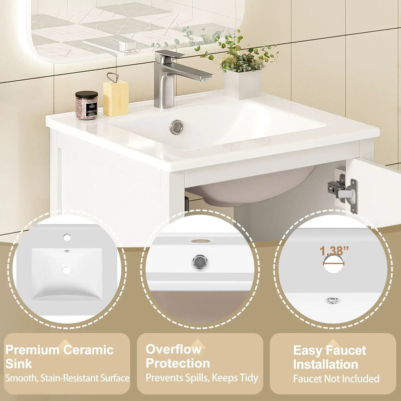 Bathroom Vanity With Ceramic Sink, Soft Close Drawers, Door Organizer, Divider Drawer, Adjustable Foot Pads by HouseOfZazla
