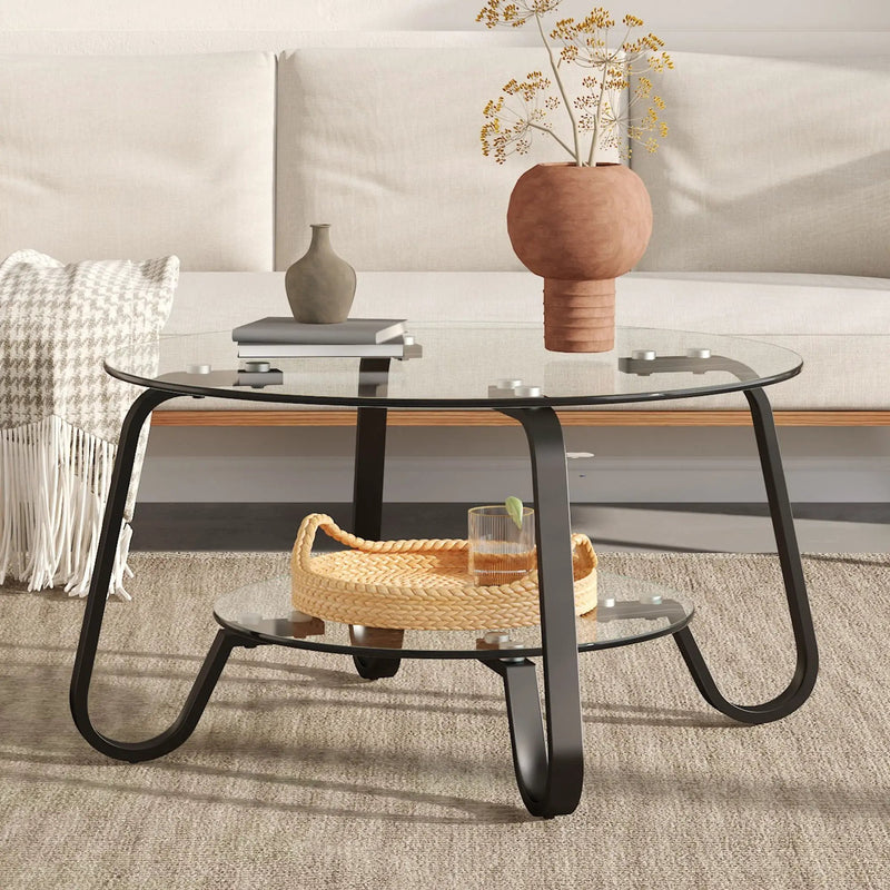 Retro Minimalist Style Metal Frame Double Layer Tempered Glass Coffee Table by Unique Piece Furniture