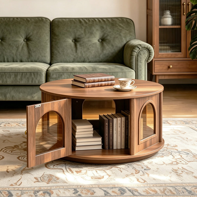 31.5" Round Coffee Table with Storage and Pet House - Dark Walnut, photo 2 of 8