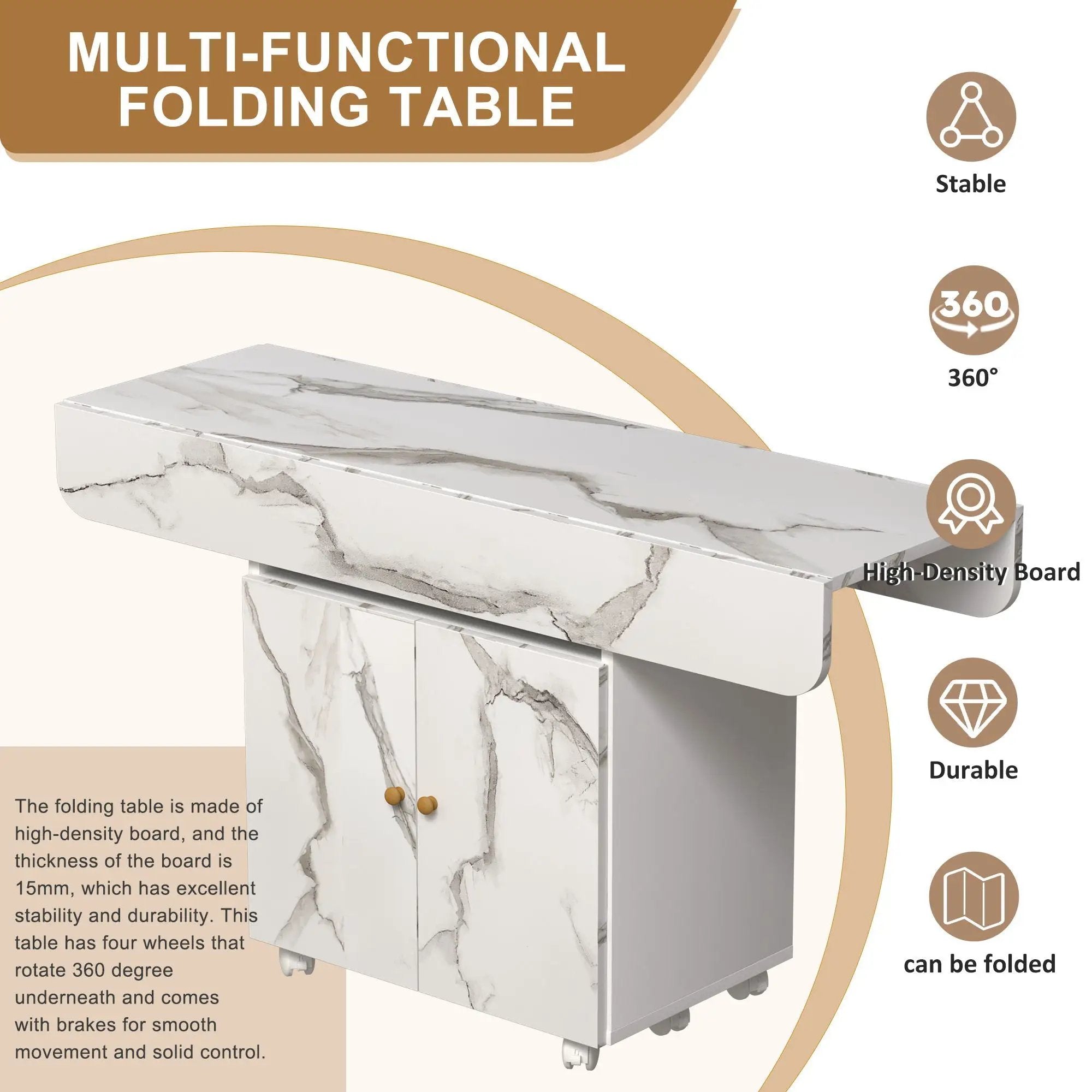 Versatile Marble Folding Dining Table With Storage Rack And Cabinet, 6 Wheels - White by HouseOfZazla