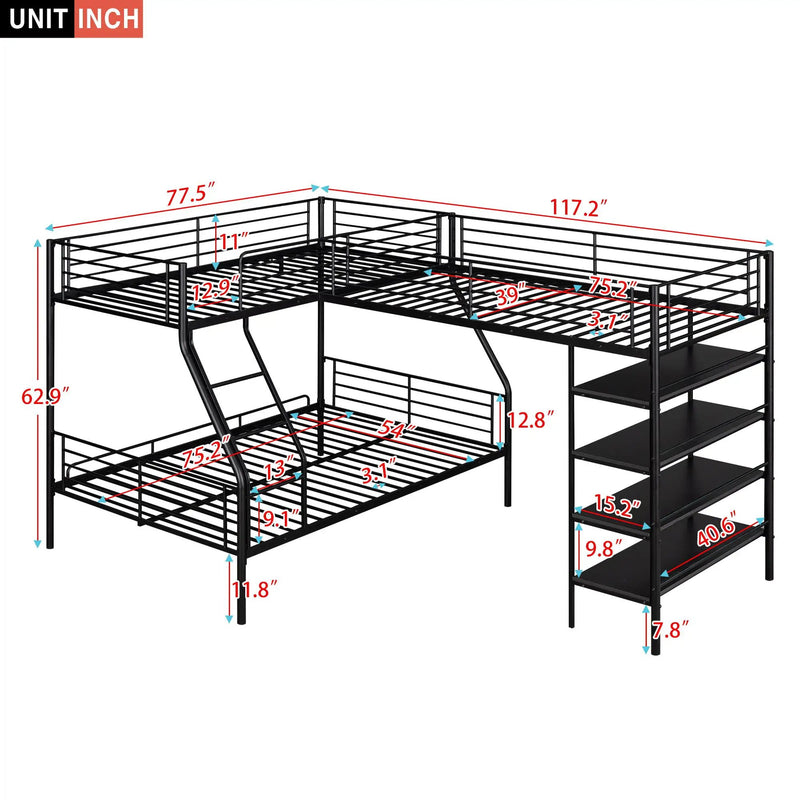 L-Shaped Twin Over Full Bunk Bed And Twin Loft Bed With 4 Built In Shelves - Black by Unique Piece Furniture