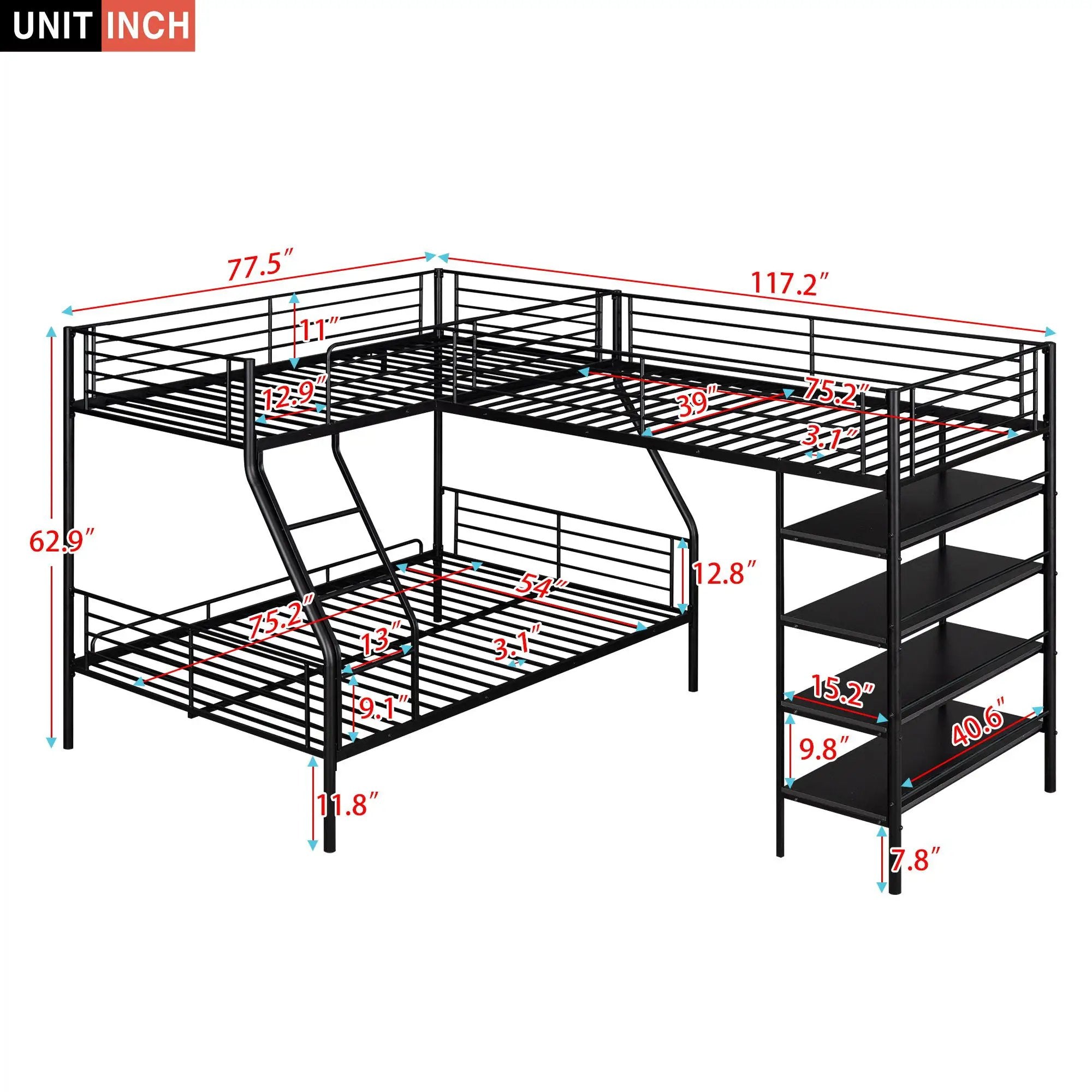 L-Shaped Twin Over Full Bunk Bed And Twin Loft Bed With 4 Built In Shelves - Black by HouseOfZazla