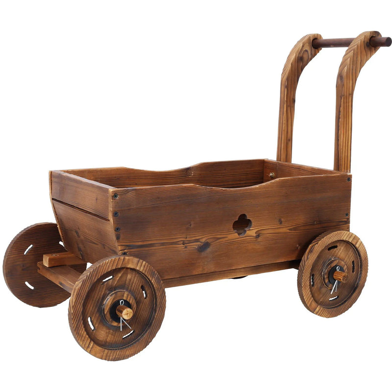 Wooden Wagon Planter Box Mobile Garden Planter With Wheels Handle Drain Hole Wood - Brown by HouseOfZazla