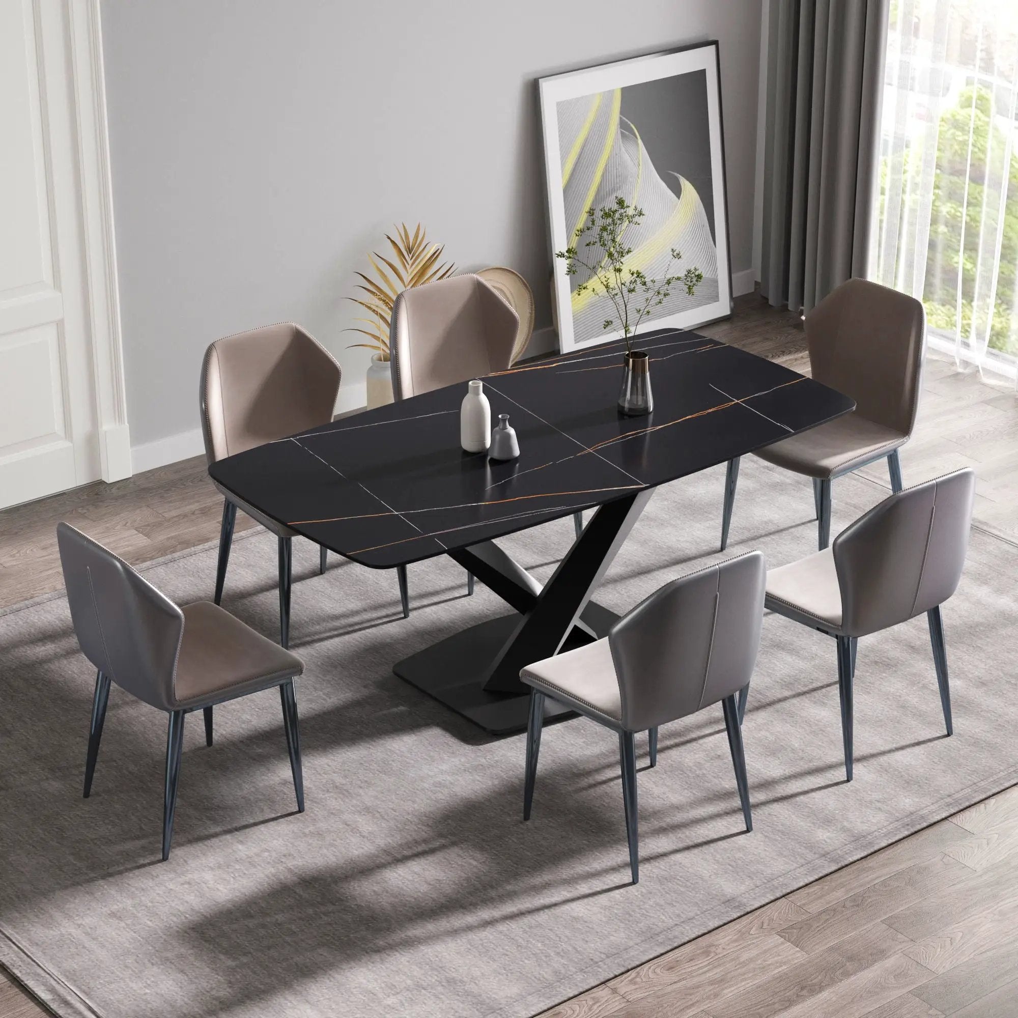 70.87" Modern Artificial Stone Black Curved Black Metal Leg Dining Table, Can Accommodate 6-8 People - Black by HouseOfZazla