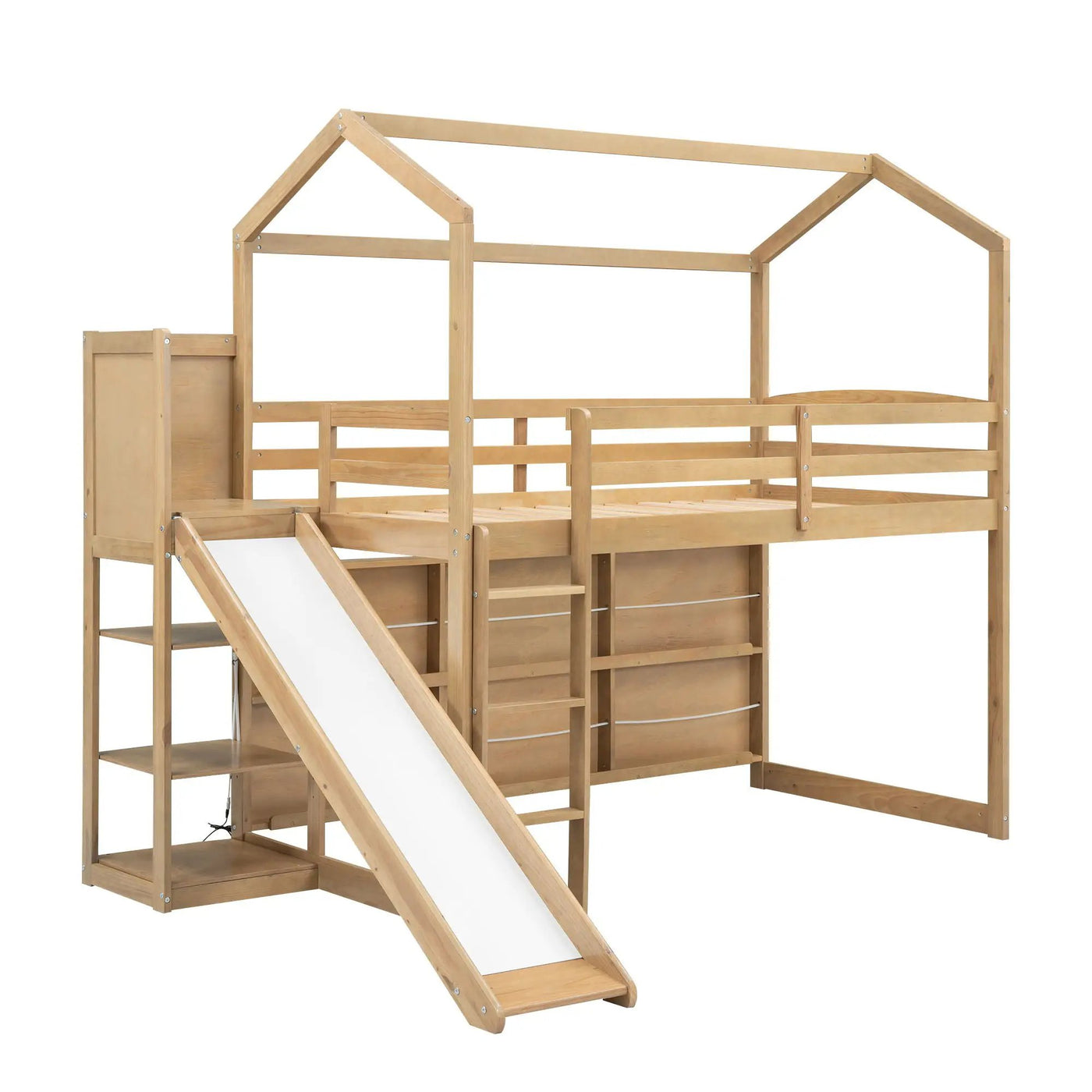 House Loft Bed With Slide, Storage Shelves And Light, Climbing Ramp by HouseOfZazla