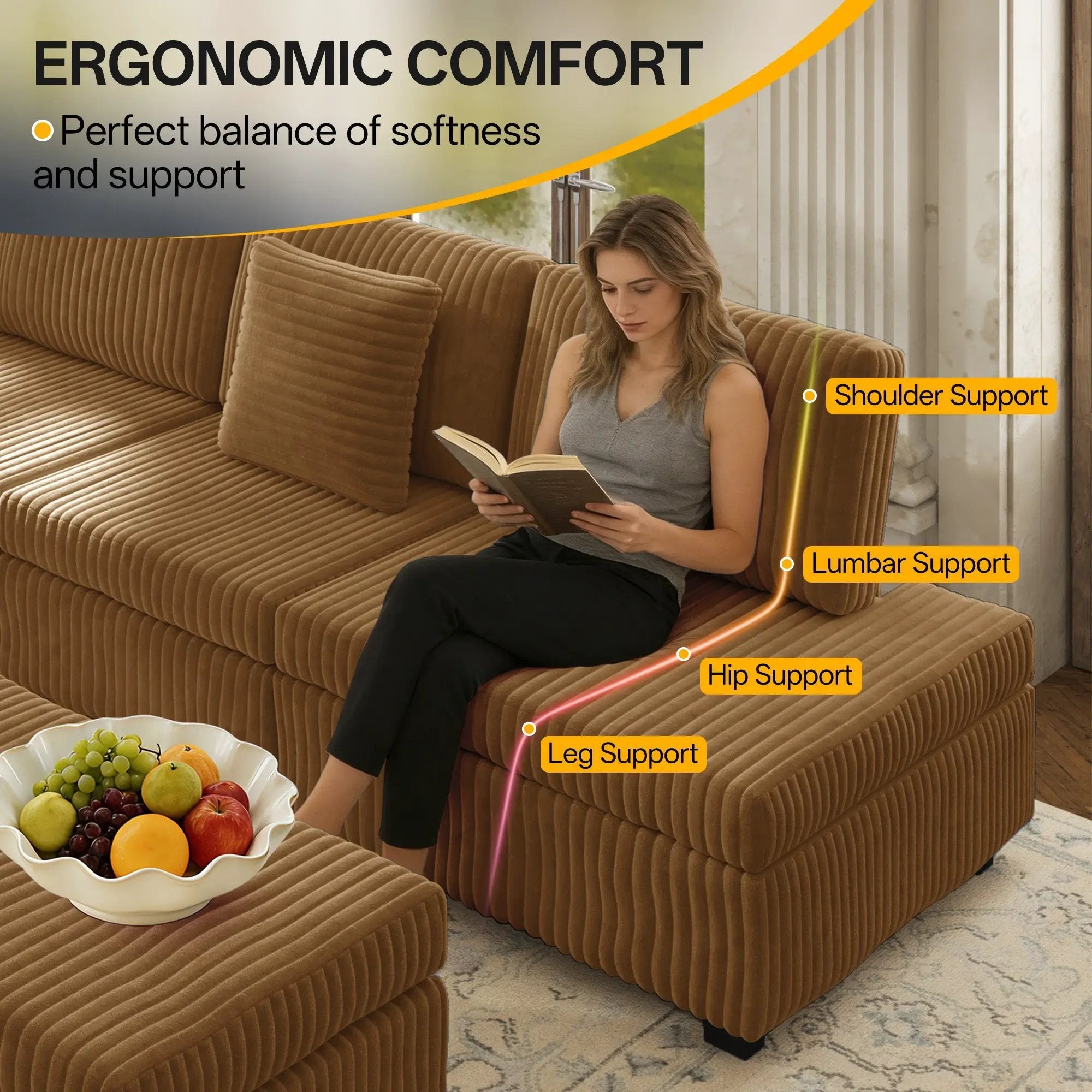 110.2" L-Shaped Sectional Sofa Set with Removable Ottoman in Camel by HouseOfZazla