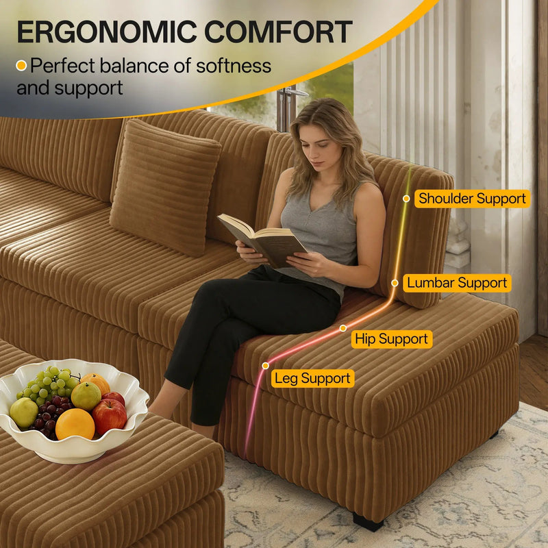 110.2" L-Shaped Sectional Sofa Set with Removable Ottoman in Camel by HouseOfZazla