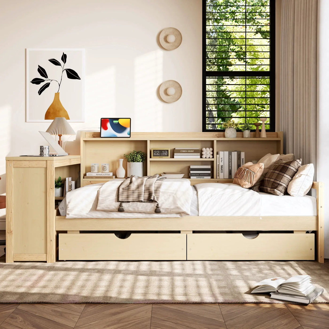 Corner Daybed With Storage Drawers, Desk, Charging Port & Bookcase by HouseOfZazla