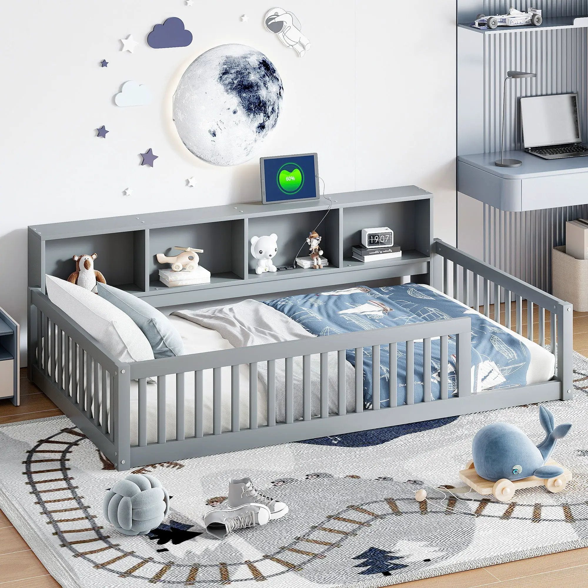 Twin Long Floor Bed With Storage Cabinets And USB Ports - Gray by HouseOfZazla