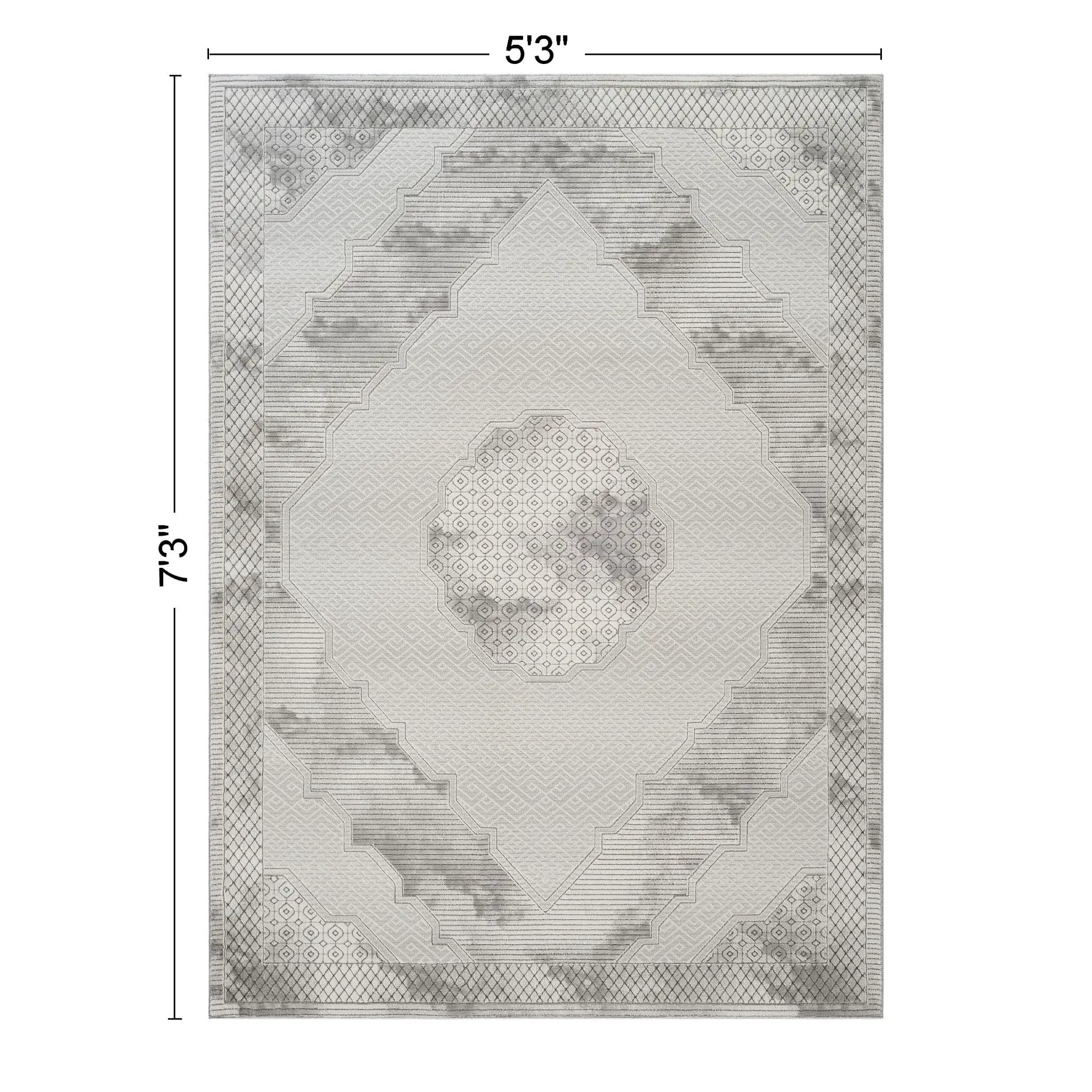Geometrix - 5'3" X 7'3" Medallion Area Rug With Geometric 3D Effect - Ivory / Gray by HouseOfZazla