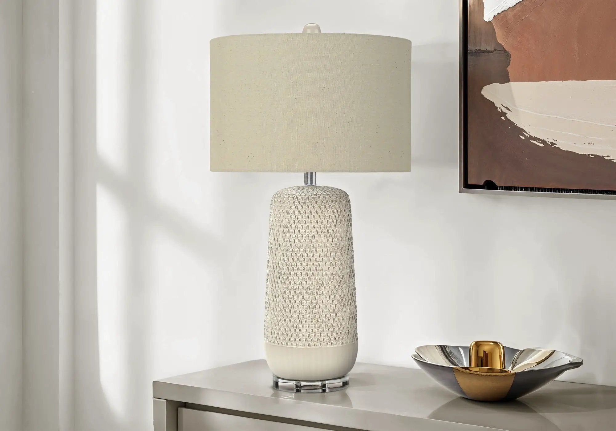 Contemporary Lighting Table Lamp in Cream Ceramic and Beige Fabric by HouseOfZazla