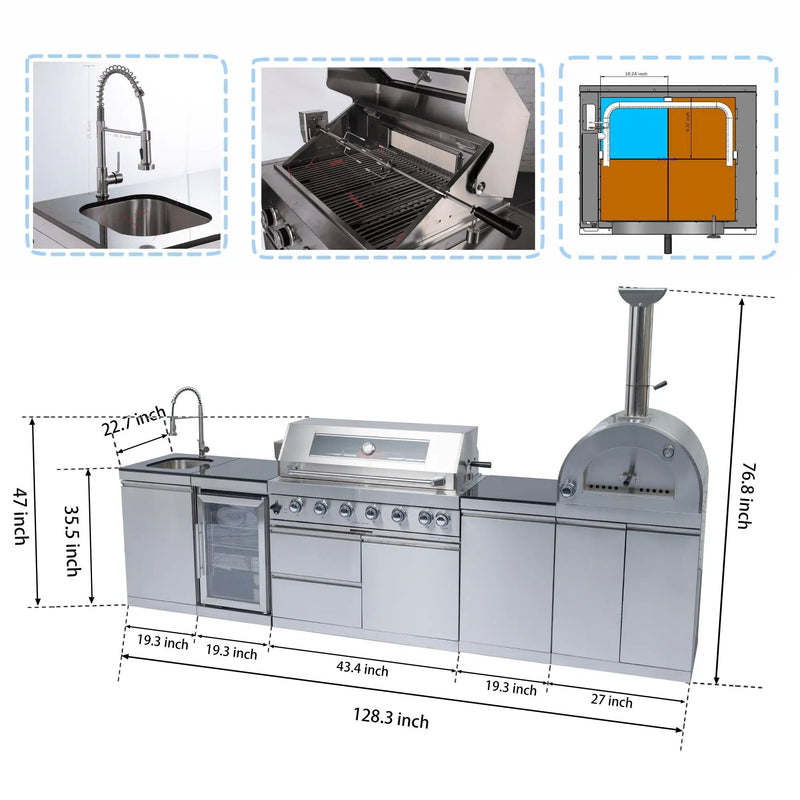 128" 120,000 BTU 6-Burner Outdoor Kitchen Island Grill with Pizza Oven by Chery Industrial