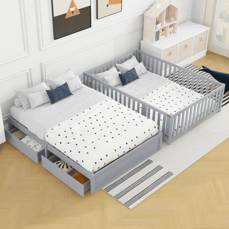 Daybed With Fence Guardrails And 2 Drawers, Split Into Independent Floor Bed & Daybed by HouseOfZazla