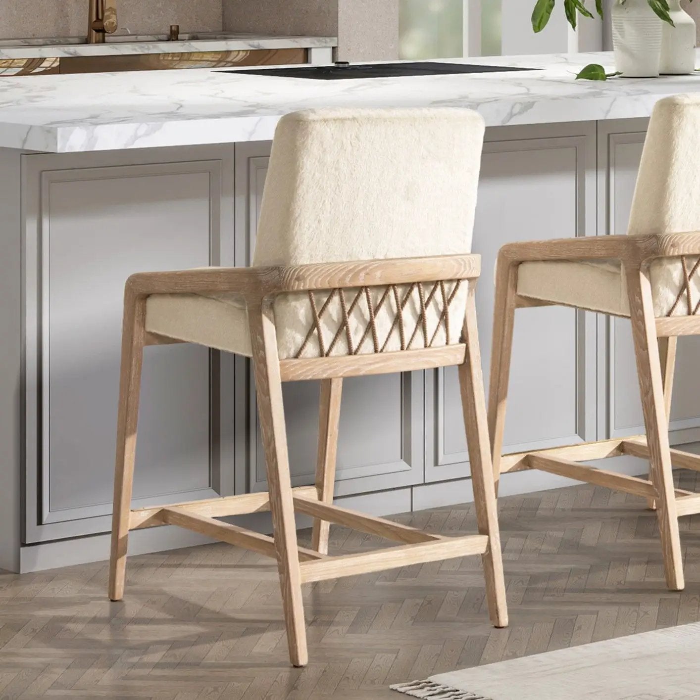 Arizona - Solid Ash Upholstered Counter Stool With Rope Detail - Creme De La Creme White by HouseOfZazla
