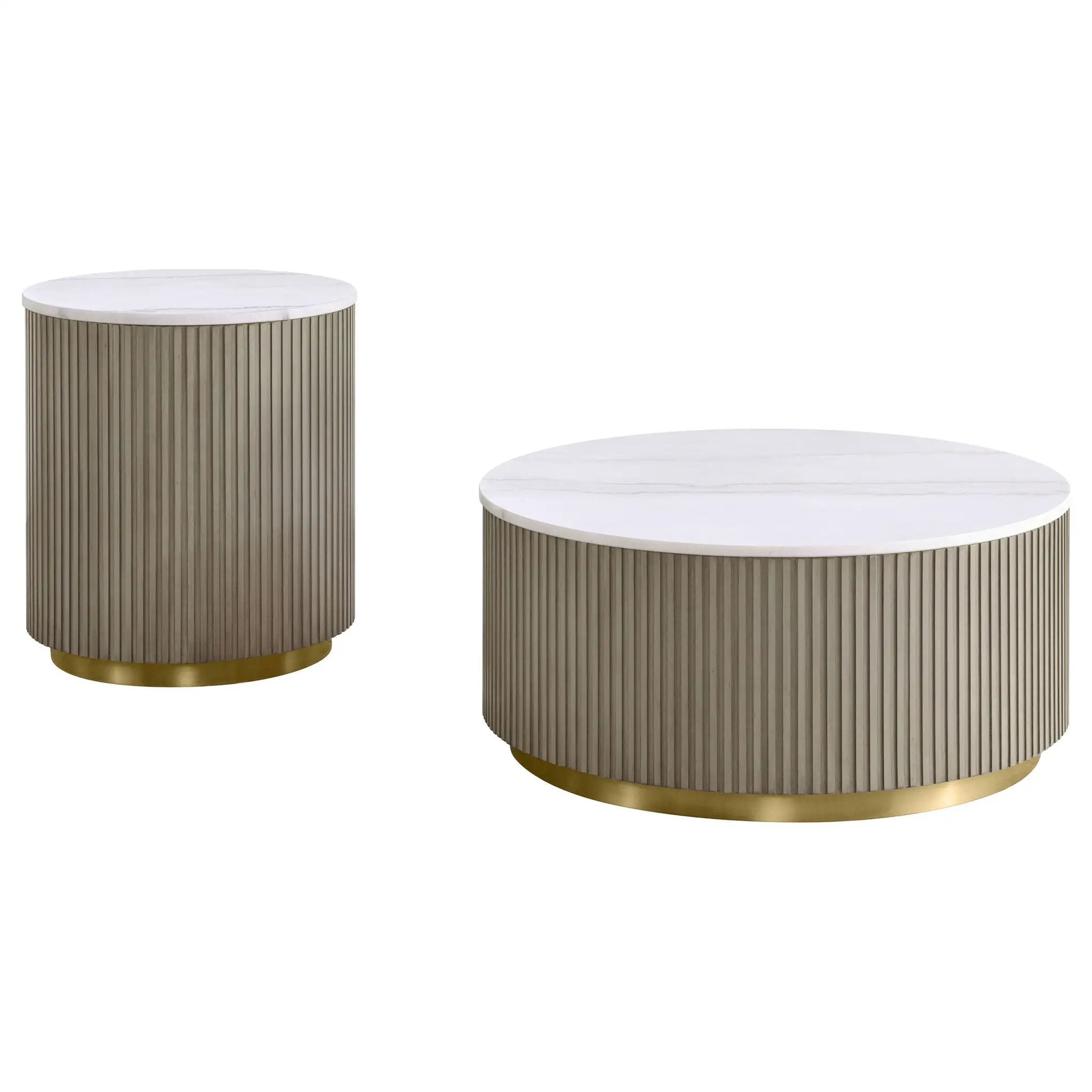 Jason 2-piece Round White Marble Coffee Table Set Greige by Unique Piece Furniture