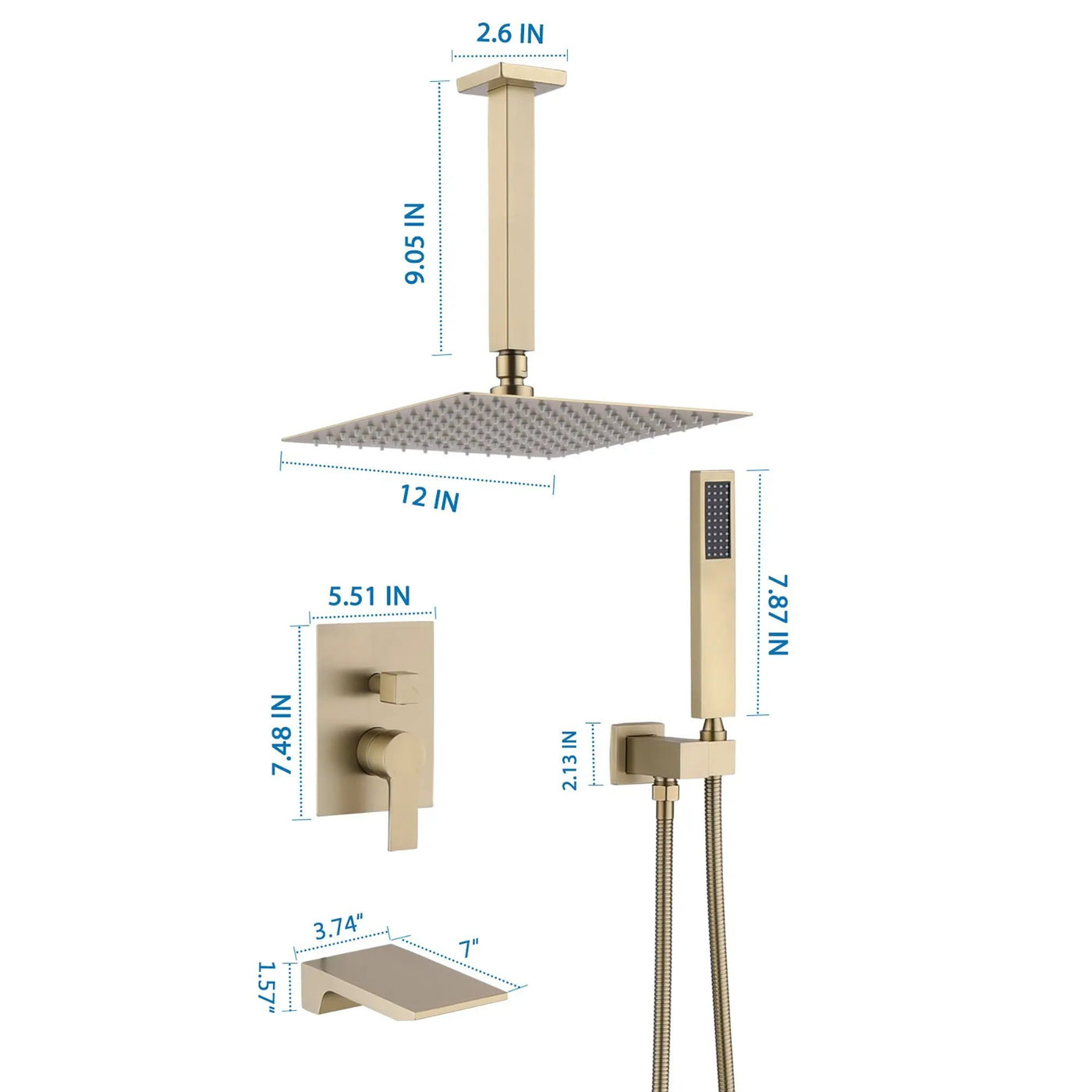 Contemporary Shower System With 12" Rainfall Head And Handheld Spray, Wall Mounted by HouseOfZazla