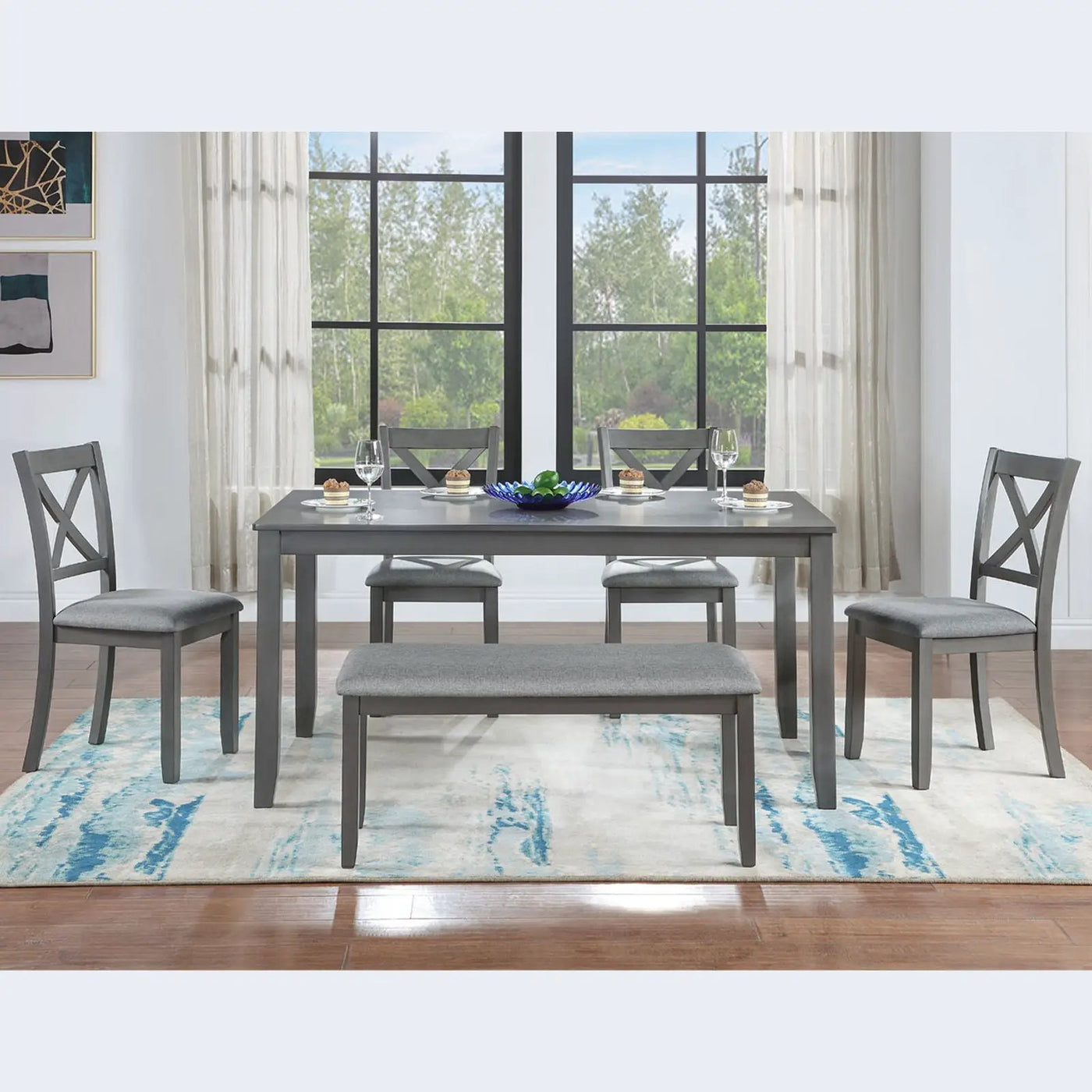 6 Pieces Kitchen Dining Set, Rectangular Wooden Dining Table With 4 Chairs And A Bench by HouseOfZazla