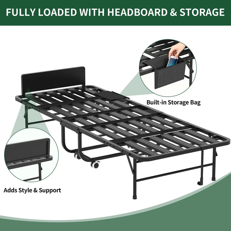 Twin Folding Bed With Adjustable Headboard & Memory Foam Mattress, Portable Coton Wheels For Tall People, Space-Saving Guest Bed - Black by Unique Piece Furniture