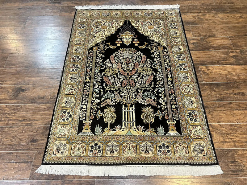 Wonderful Sino Persian Silk Rug 4x6, Tree of LIfe Design, Masterpiece 575 KPSI, Birds, Prayer Rug, Black, Silk on Silk by Jewel Rugs