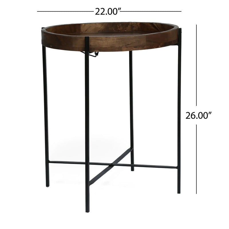 Modern Industrial Round End Table with Tray Top and Foldable Iron Legs - Natural by HouseOfZazla
