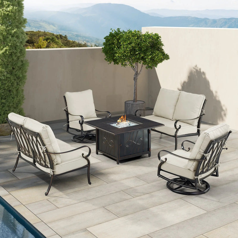 Black Aluminum Fire Table Set with Two Loveseats and Two Club Chairs by Sharicks