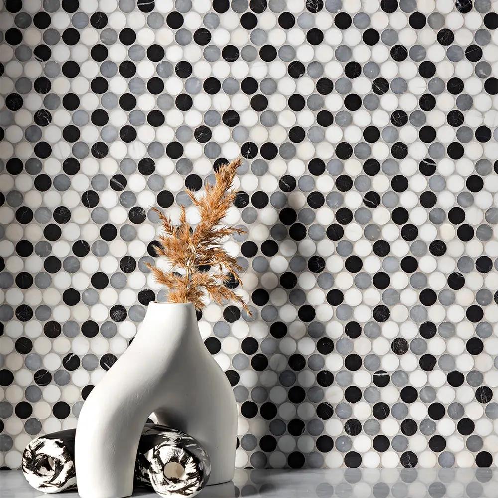 Bianco Dolomiti, Bardiglio Light, Black Honed Penny Round Marble Mosaics 11 1/4x11 3/4 room scene