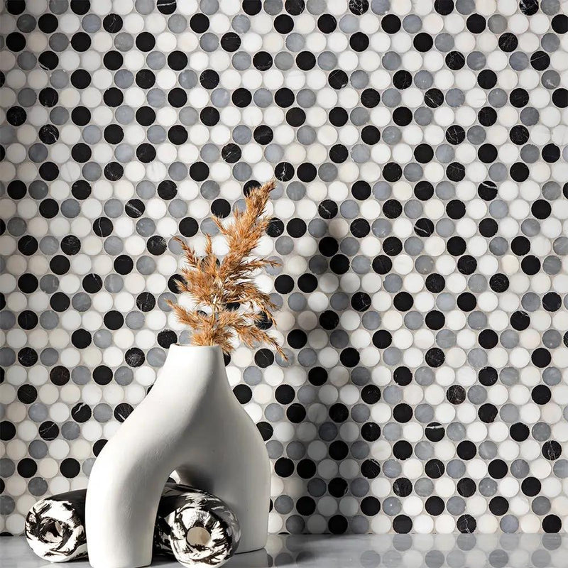 Bianco Dolomiti, Bardiglio Light, Black Honed Penny Round Marble Mosaics 11 1/4x11 3/4 room scene