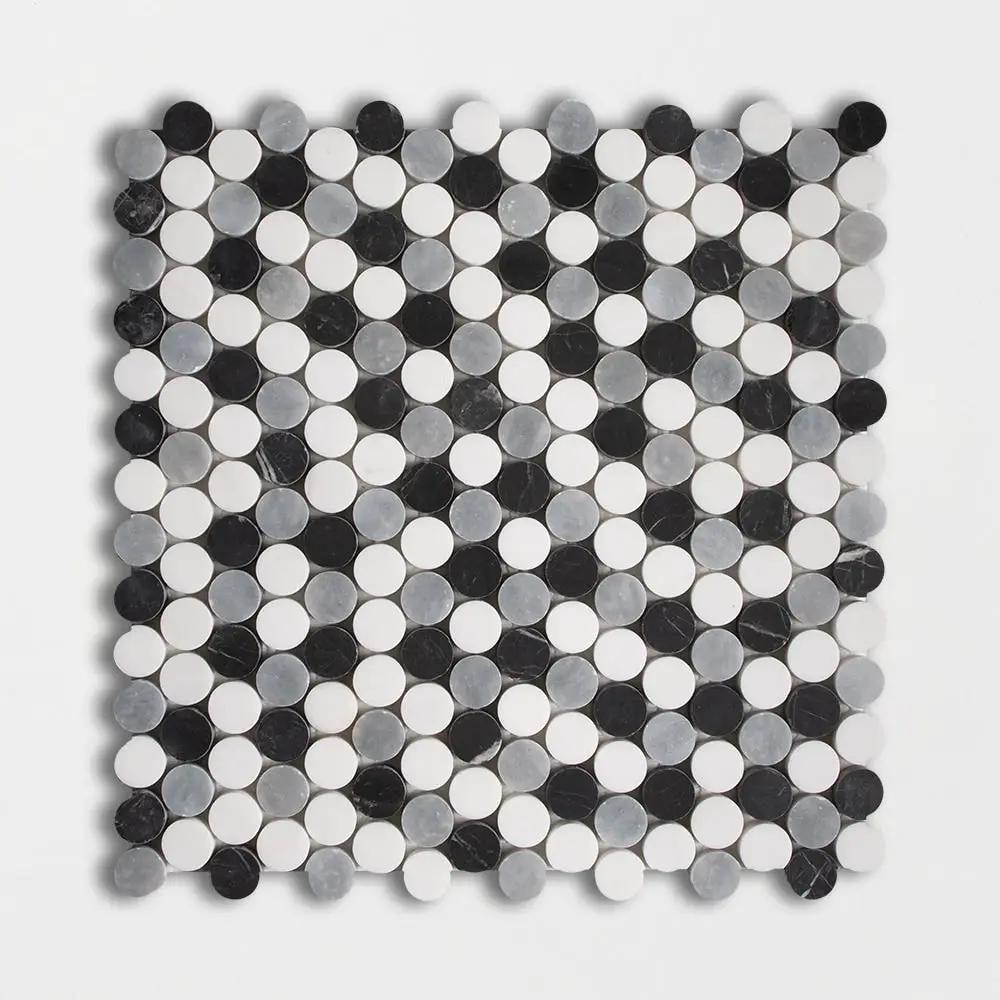 Bianco Dolomiti, Bardiglio Light, Black Honed Penny Round Marble Mosaics 11 1/4x11 3/4