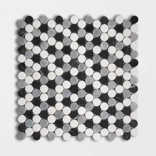 Bianco Dolomiti, Bardiglio Light, Black Honed Penny Round Marble Mosaics 11 1/4x11 3/4