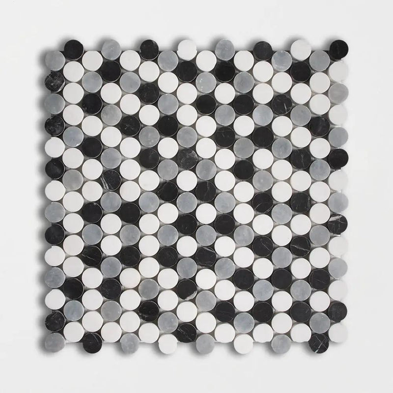 Bianco Dolomiti, Bardiglio Light, Black Honed Penny Round Marble Mosaics 11 1/4x11 3/4