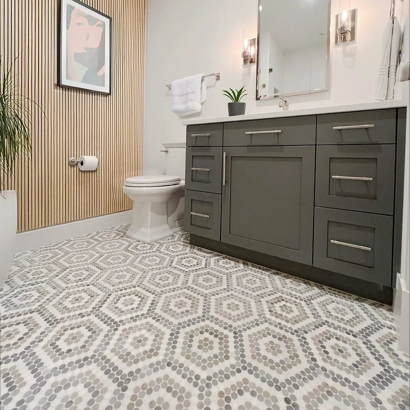 Bianco Dolomiti, Bardiglio Light, Thala Honed Penny Round 8 Marble Mosaics 9 1/4x9 29/64 room scene