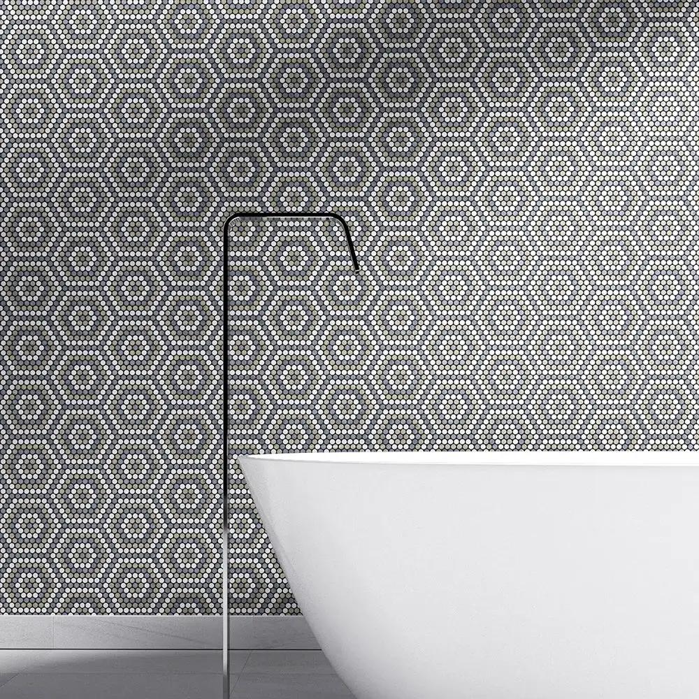 Bianco Dolomiti, Bardiglio Light, Thala Honed Penny Round 8 Marble Mosaics 9 1/4x9 29/64 room scene 2
