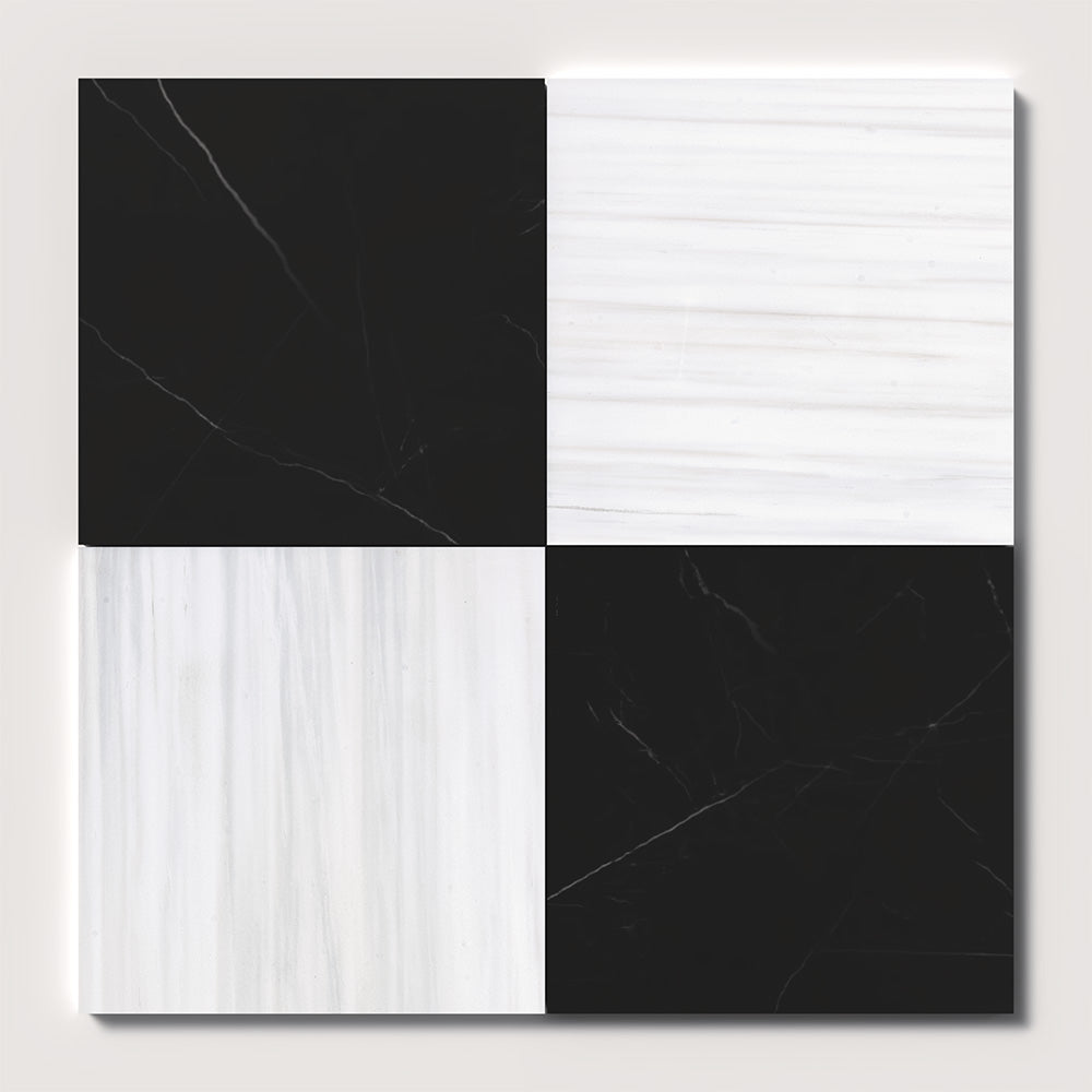 Bianco Dolomiti, Black Honed Checkerboard Pattern Marble Tiles 18x18 Marble Honed 18x18 Tiles