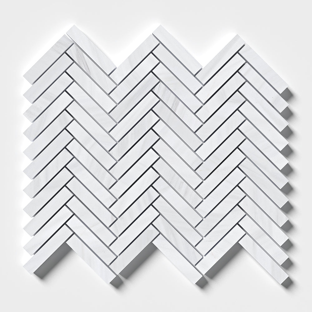 Bianco Dolomiti Honed Herringbone 5/8x3 Marble Mosaics 10 7/16x12 13/16 Marble Honed 12x12 Mosaics