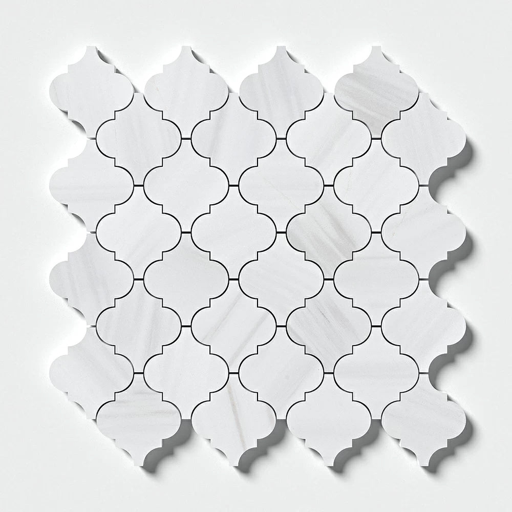 Bianco Dolomiti Honed Meshed Arabesque Marble Mosaics 10 3/8x12 Marble Honed 12x12 Mosaics