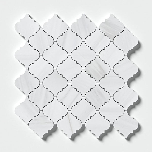 Bianco Dolomiti Honed Meshed Arabesque Marble Mosaics 10 3/8x12