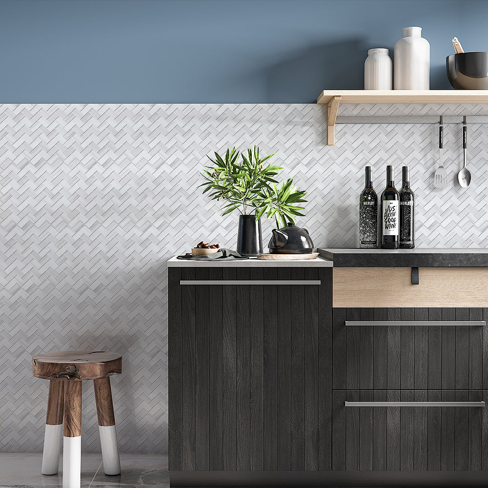 Bianco Dolomiti Polished Herringbone Marble Mosaics 12 1/8x13 3/8 Marble Polished 16x16 Mosaics — 2