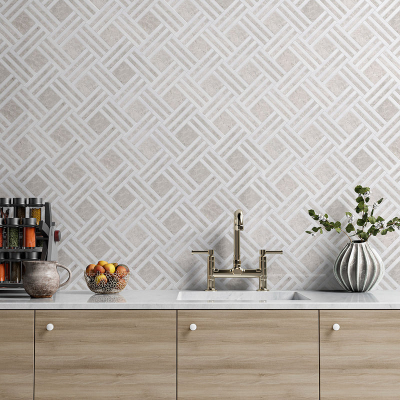 Bianco Dolomiti, Silver Mystique Multi Finish Maze Basket Marble Mosaics 14 15/16x17 11/16 Marble Multi Finish 18x18 Mosaics — 2