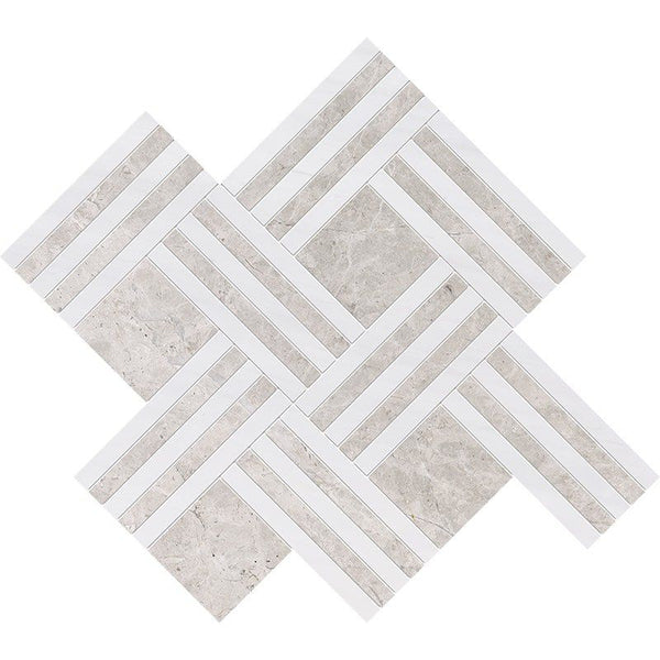 Bianco Dolomiti, Silver Mystique Multi Finish Maze Basket Marble Mosaics 14 15/16x17 11/16