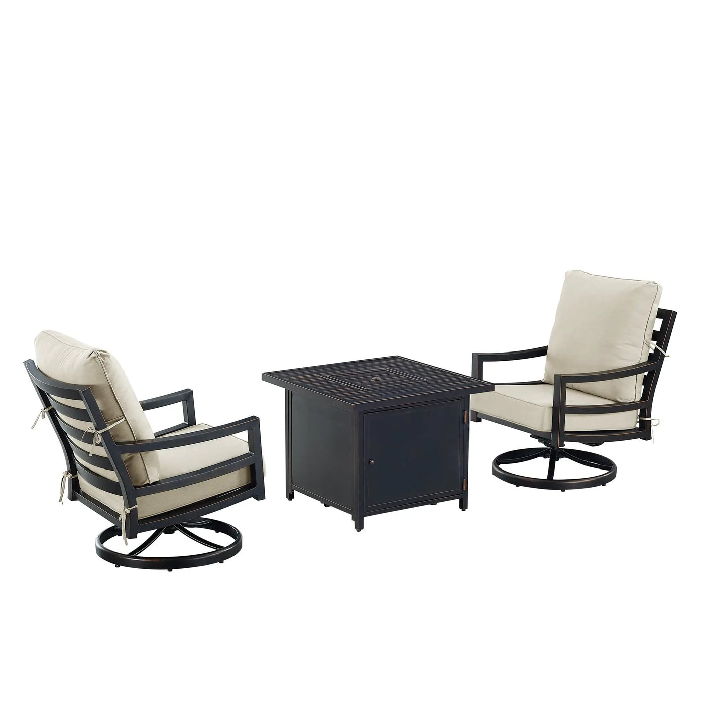 Black Aluminum Fire Table Bistro Set with Two Club Chairs by Sharicks