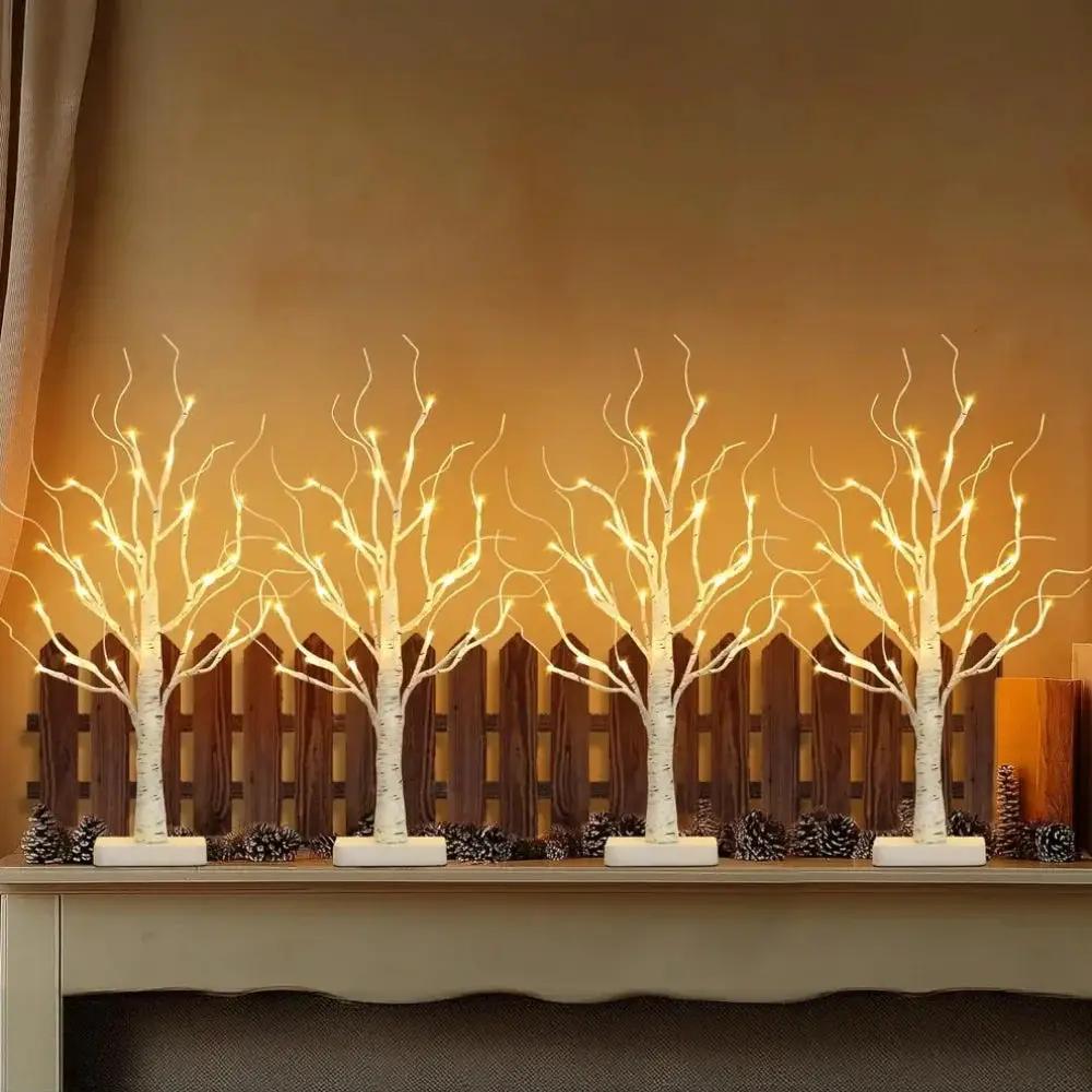 Birch Tree LED Lights 4-Pack, Battery Operated Wooden String Lights by House Of Avana