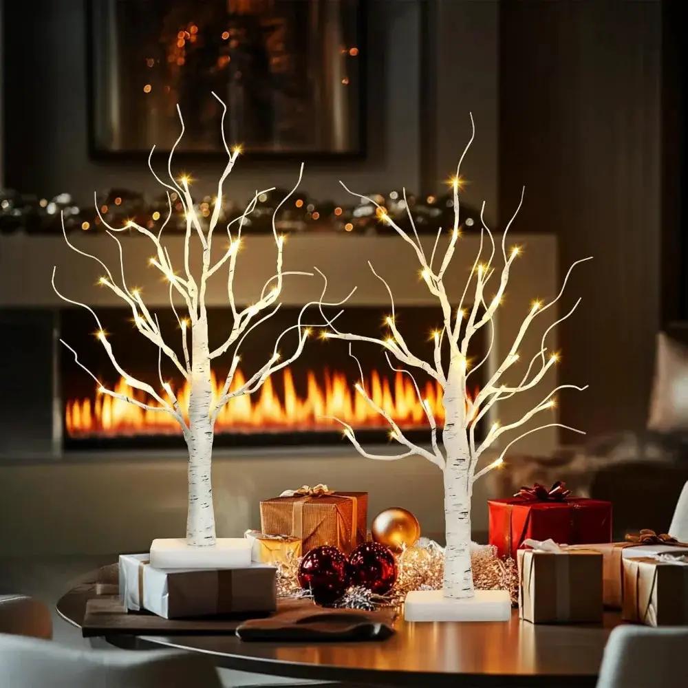 Birch Tree LED Lights 4-Pack, Battery Operated Wooden String Lights by House Of Avana
